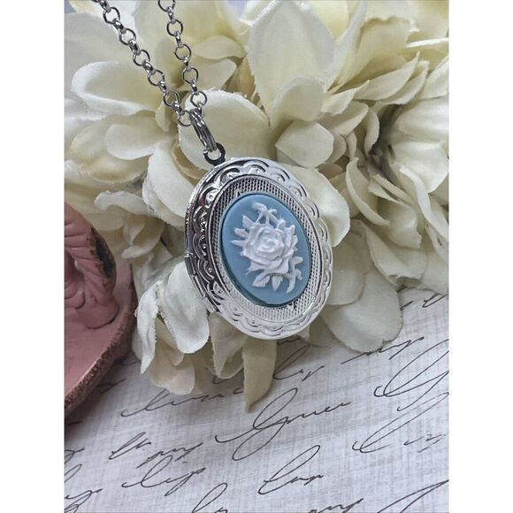 BLUE Rose White Mothers Day Cameo Locket Silver Easter Daughter Gift Wedding - Picture 3 of 10